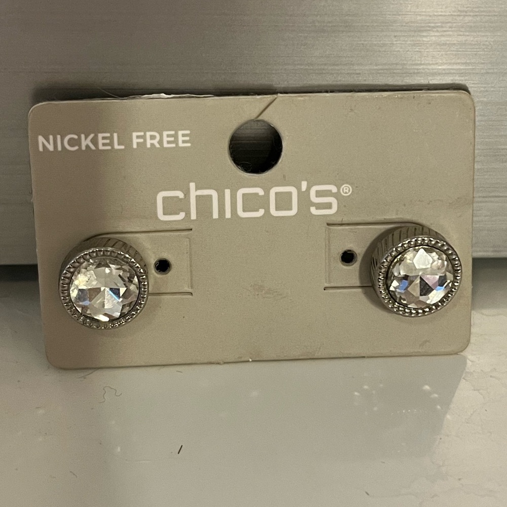 Chico's Shelby Silver Crystal Look Bling Nickel Free Stud Earrings NWT